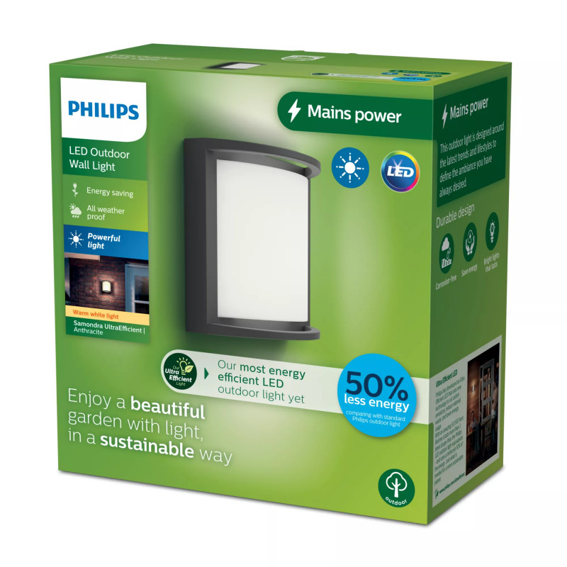 Philips Outdoor Ultra-Efficient Samondra sieninė šviestuvas 3,8W, 2700 Kelvinų, antracito spalvos