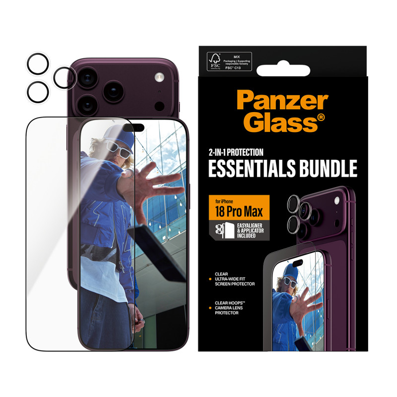 PanzerGlass 2-in-1 Essentials rinkinys: ekrano apsauga ir fotoaparato lęšių apsauga iPhone 18 Pro Max