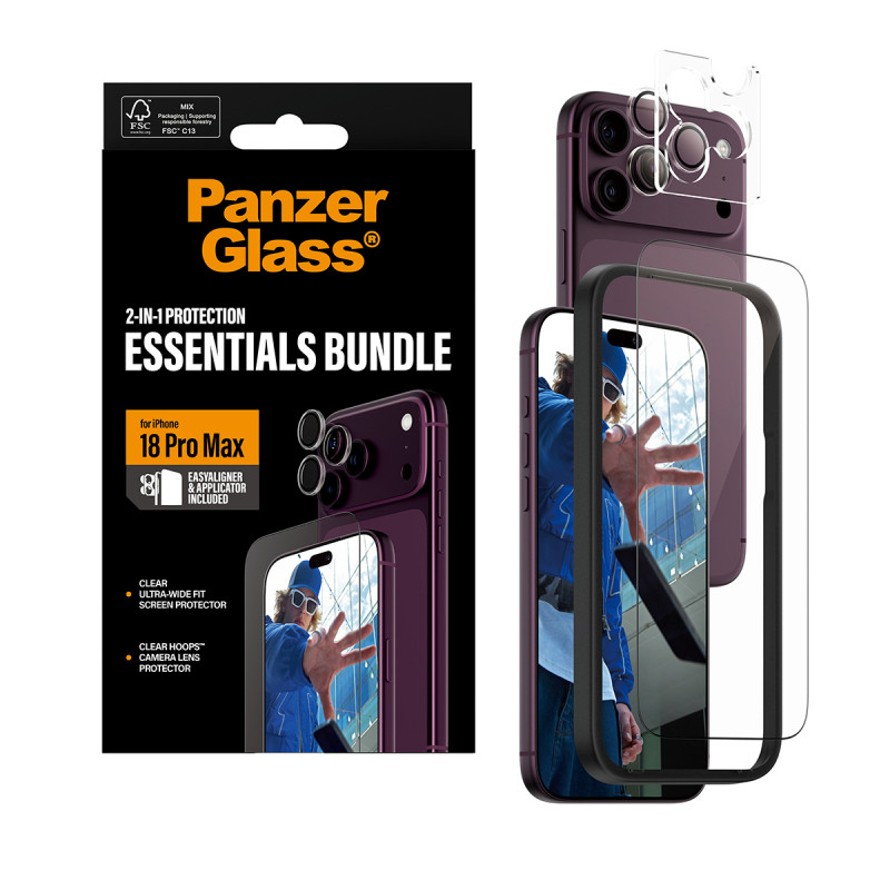 PanzerGlass 2-in-1 Essentials rinkinys: ekrano apsauga ir fotoaparato lęšių apsauga iPhone 18 Pro Max