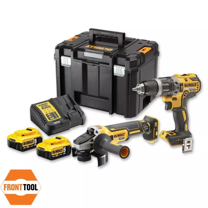 Belaidžių įrankių rinkinys DeWALT DCK2080P2T-QW – 18V Li-Ion 5Ah (2x), DCG405 šlifuoklis, gręžtuvas/suktuvas, M14 šlifavimo diskas, laikymo dėžė
