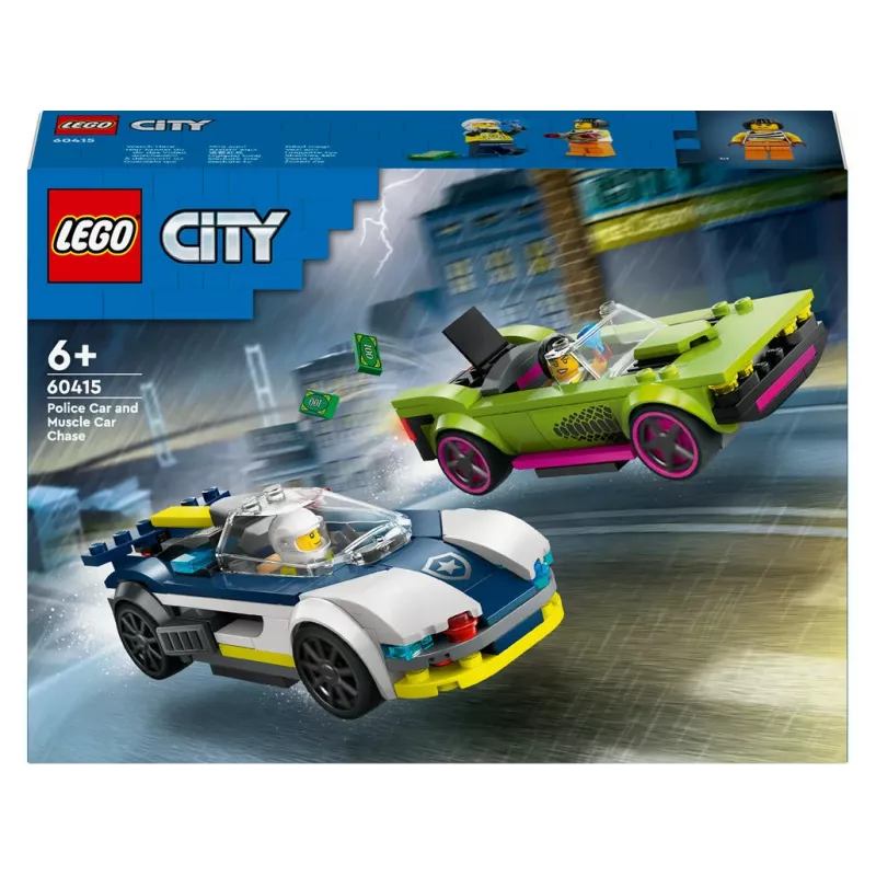LEGO City 60415 Policijos automobilis ir raketinis automobilis – 213 dalių, 2 minifigūrėlės, nuo 6 metų