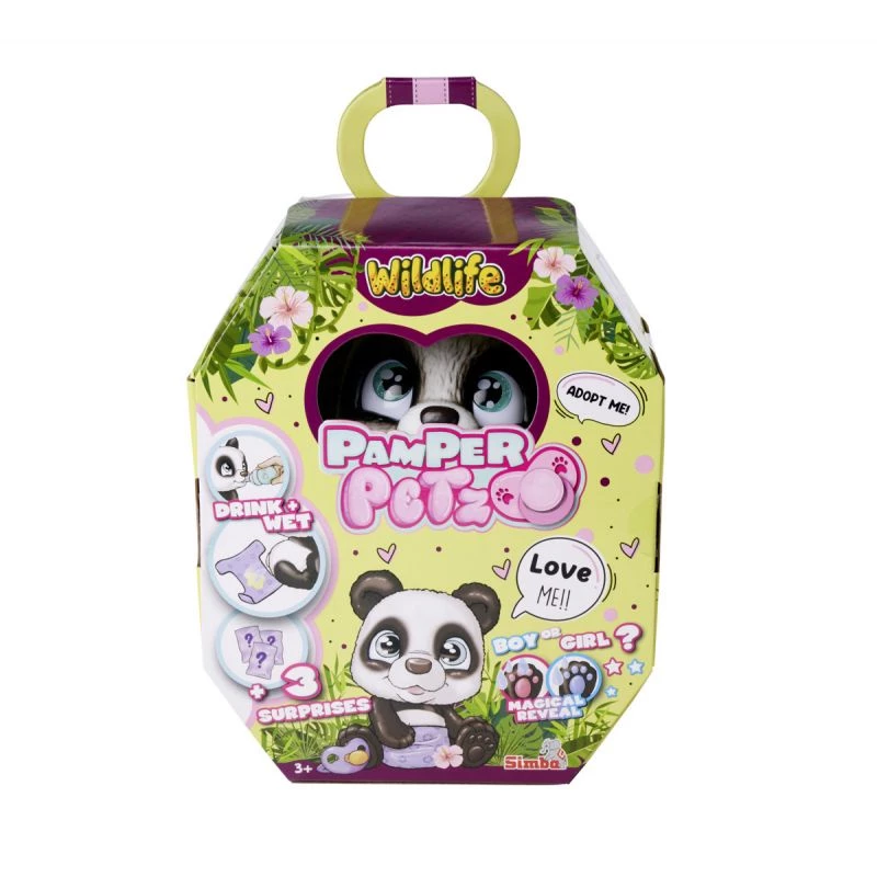 Simba 105950054 Pamper Petz Panda (apie 15 cm) – interaktyvus žaislinis gyvūnėlis su gėrimo ir šlapinimosi funkcija vaikams nuo 3 metų