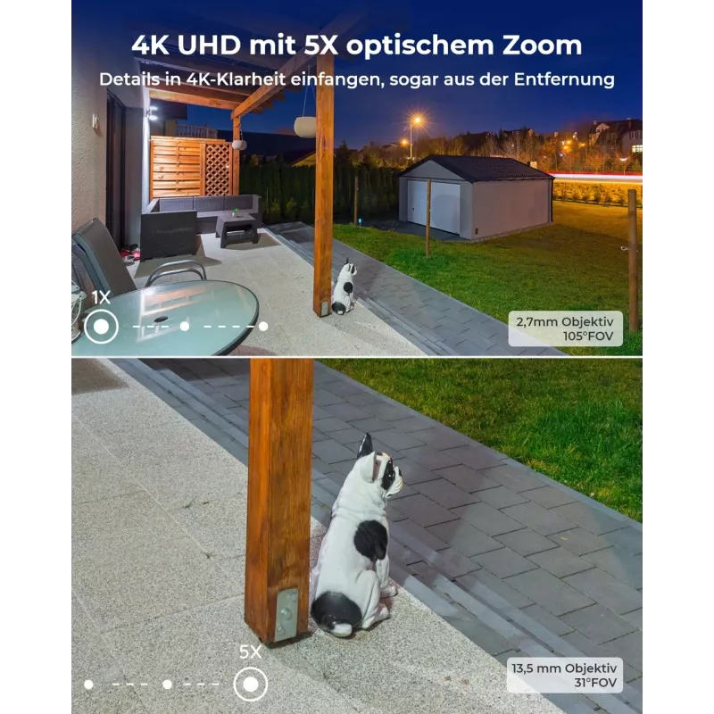 Reolink W430 - 4K lauko kamera, naujos kartos Wi-Fi 6, 5X optinis priartinimas, asmens/transporto priemonės/gyvūno aptikimas, spalvotas naktinis matymas