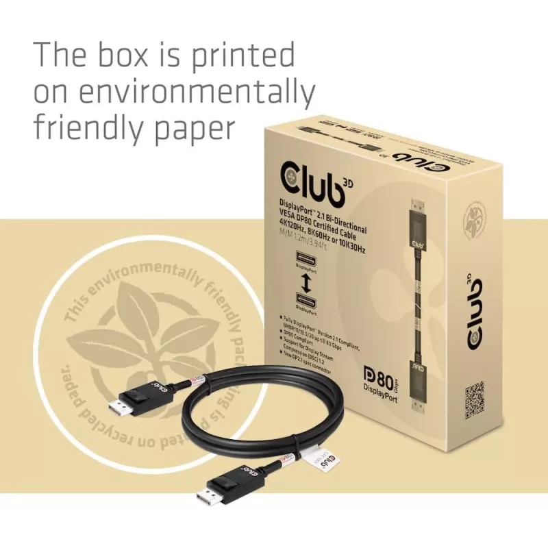 Club 3D CAC-1091 DisplayPort 2.1 kabelis, VESA DP80 sertifikuotas, dvikryptis, 4K120Hz / 8K60Hz / 10K30Hz, kištukas–kištukas, 1,2 m
