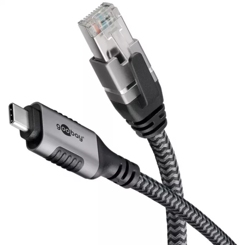 Ethernet kabelis USB-C 3.2 Gen2 kištukas > RJ-45 kištukas, LAN adapteris juodas/sidabrinis, 2 m, pintas tekstilinis apvalkalas