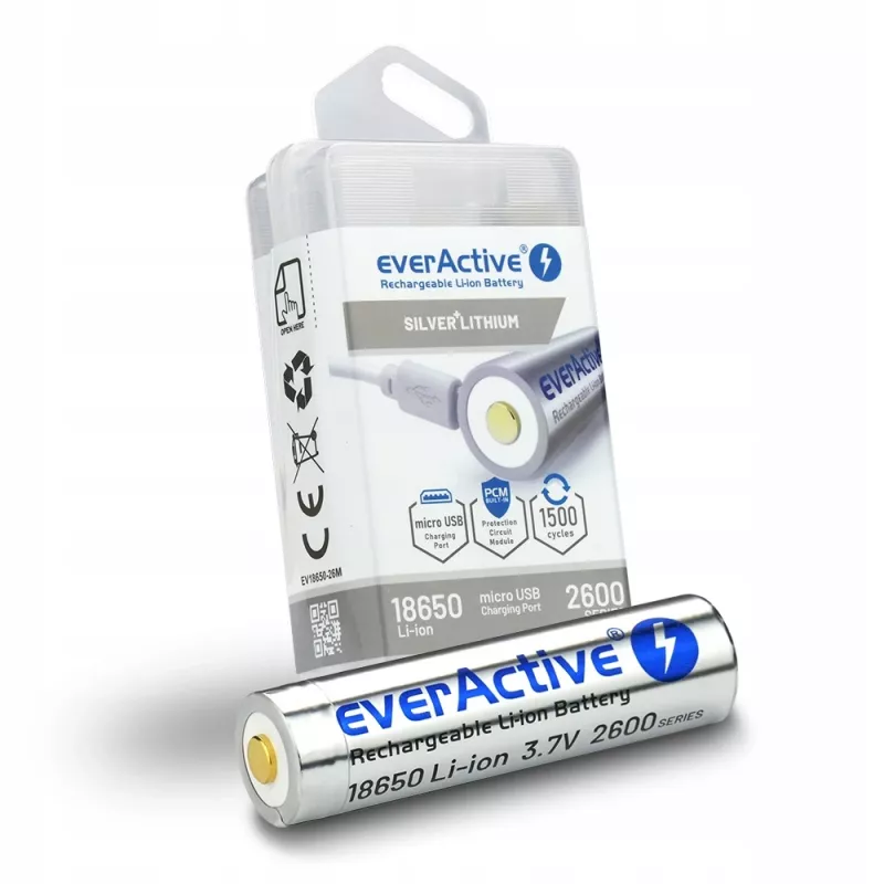 Baterija everActive 18650 3,7V Li-ion 2600mAh su micro USB ir apsauga BOX
