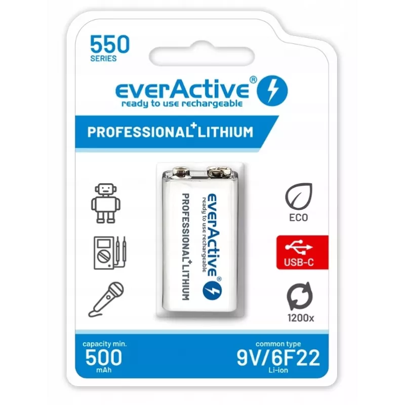 Įkraunama baterija everActive 6F22/9V Li-ion 550 mAh su USB TYPE C