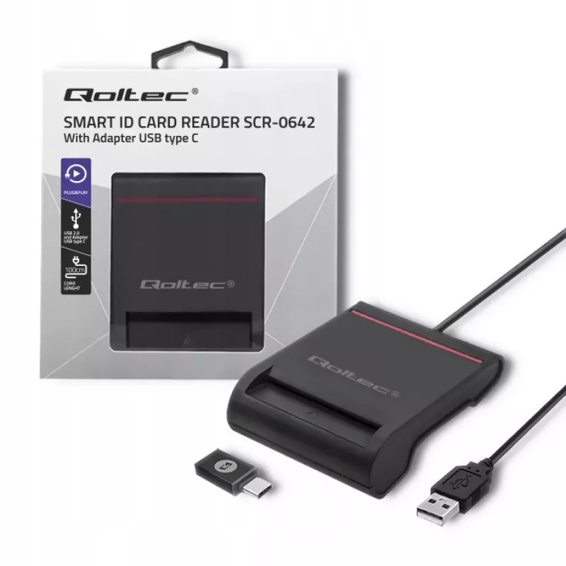 Kortelių skaitytuvas QOLTEC Smart chip ID card scanner USB, juodas, 84,5×65×16 mm, 63 g