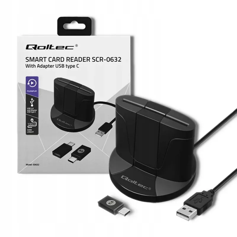Qoltec 50632 lustinių kortelių skaitytuvas, USB 2.0, juodas, 1 m kabelis