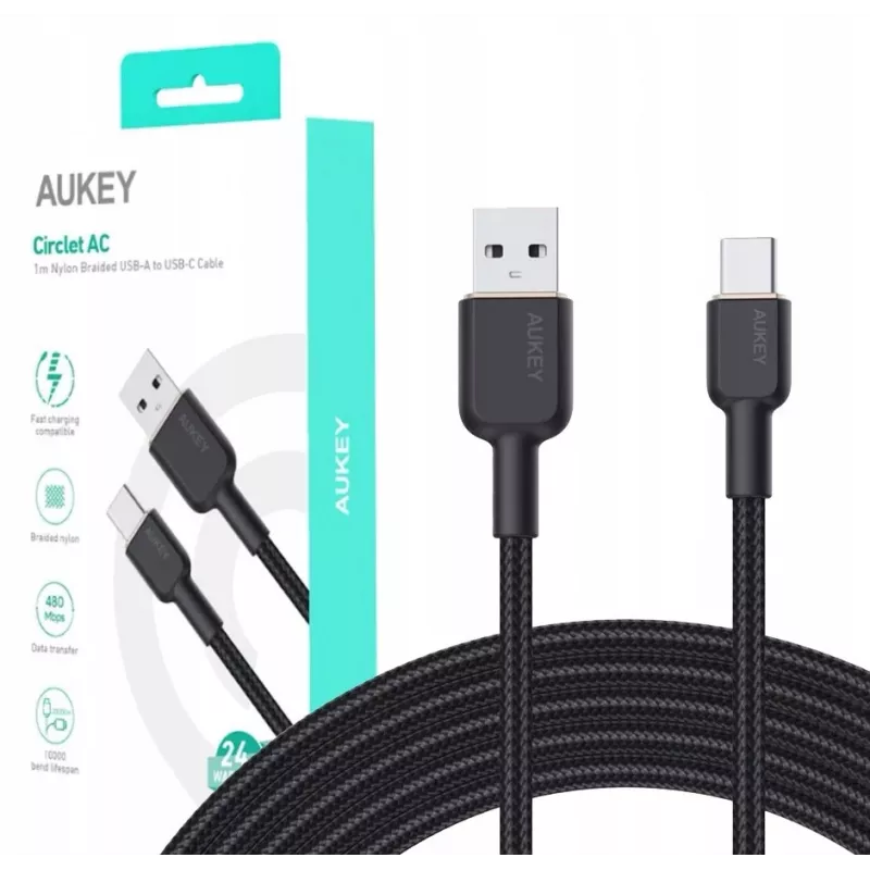 USB A – USB C laidas Aukey CB-NAC1, 1 m, pintas nailonas, USB PD 60W, USB 2.0