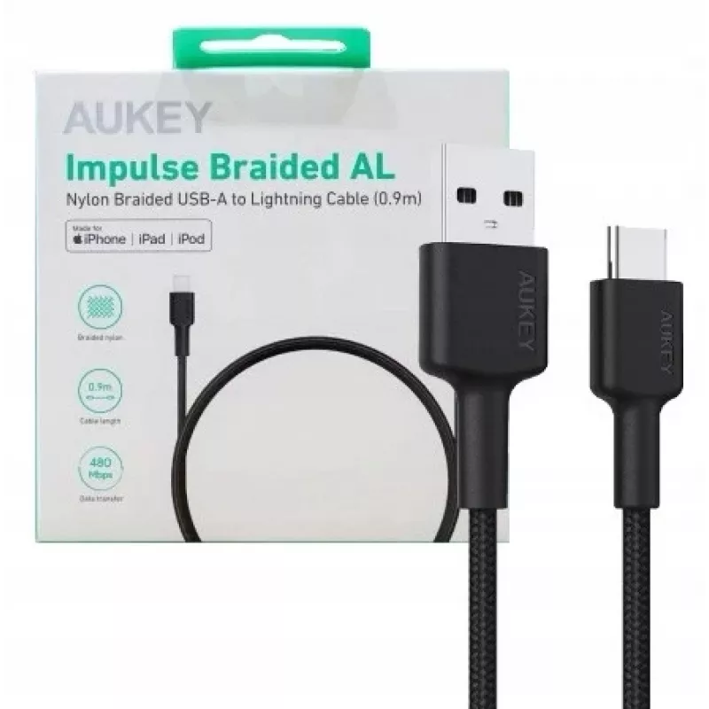 AUKEY CB-CD30 USB-A į USB-C kabelis 0,9 m, pintas nailonu, 60W PD, 3A, juodas