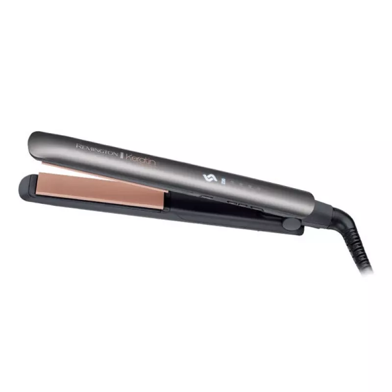 Tiesintuvas Remington S8598 Warm Black Grey – keraminės plokštelės 11 cm, 5 šildymo lygiai, 160–230 °C, 3 m laidas, laikymo dėklas