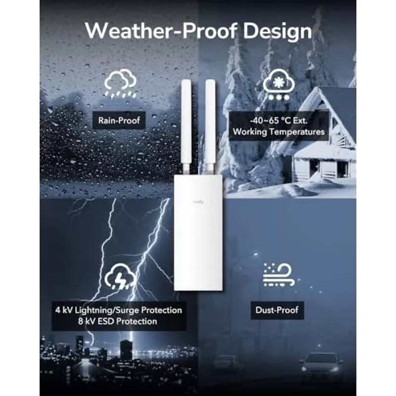 Cudy AP1300 Outdoor belaidis prieigos taškas AC1200, dual-band 2,4/5 GHz, 300/867 Mbps, IP65, PoE, 2 išorinės RP-SMA antenos