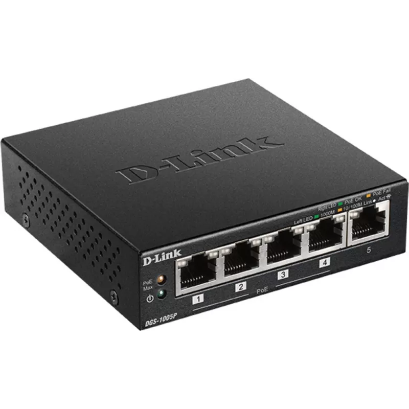 D-Link DGS-1005P/E nevaldomas tinklo jungiklis Gigabit Ethernet (10/100/1000) su PoE, juodas