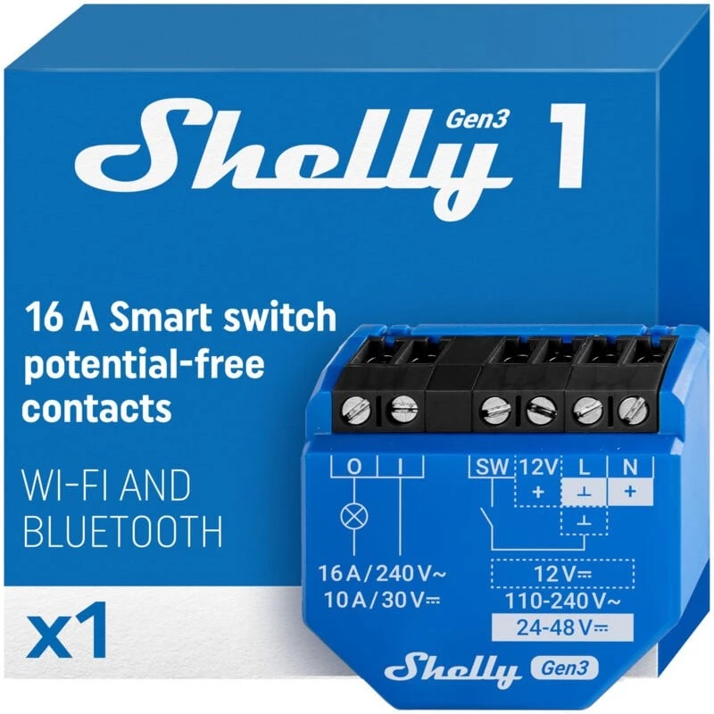 Shelly 1 Gen3 belaidis relejinis valdiklis su sausu kontaktu 16A, Wi-Fi