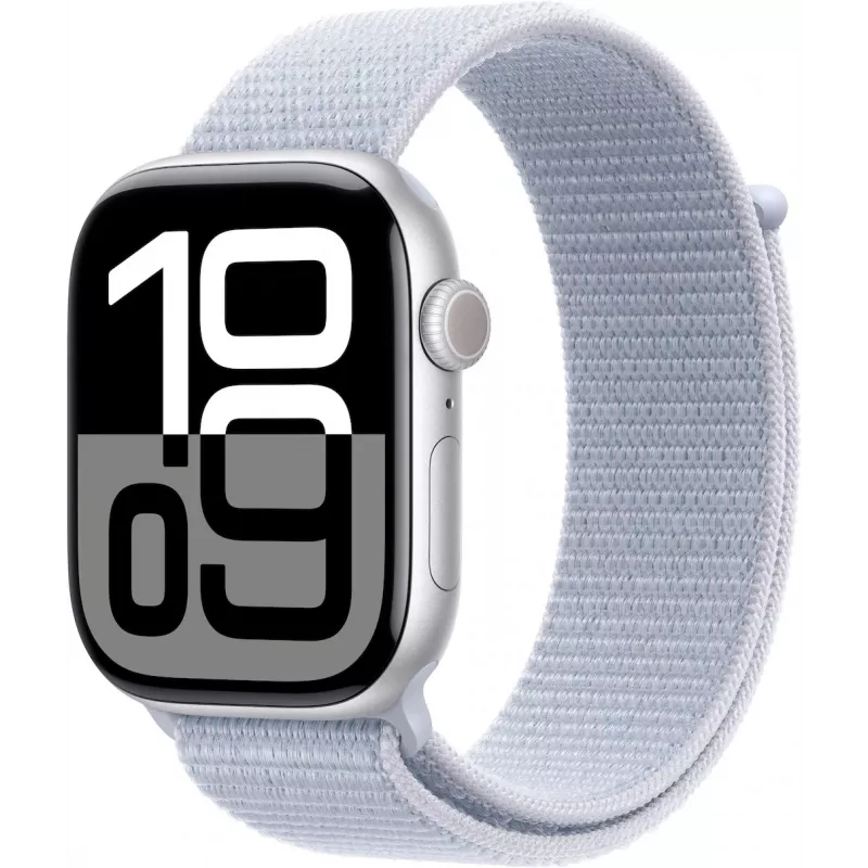 APPLE Watch Series 10 GPS 46mm sidabrinis aliuminio korpusas su Blue Cloud Sport Loop apyranke