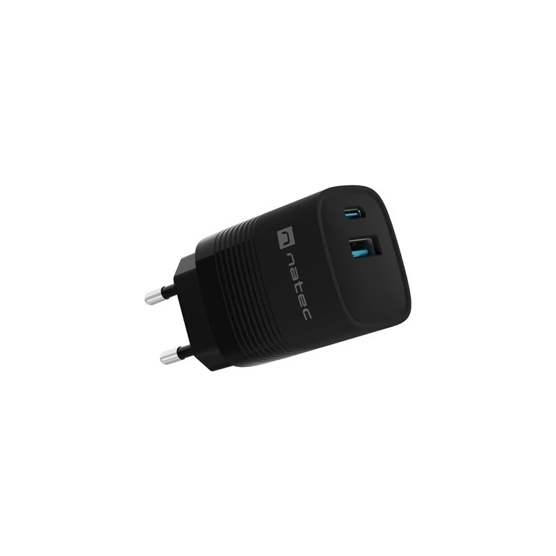 NATEC Ribera GaN NUC-2141 sieninis įkroviklis, 30W, USB-C PD 3.0 + USB-A QC 3.0, 110–240V, juodas