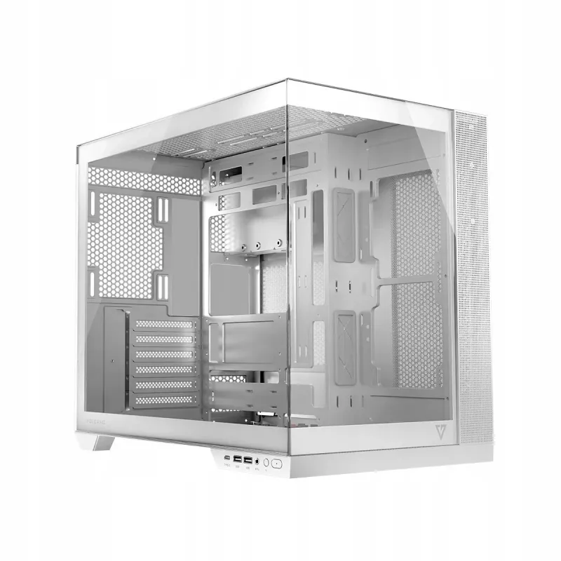 Korpusas MODECOM Volcano Panorama Midi Tower baltas – micro ATX, grūdintas stiklas, ARGB, USB-C, palaiko GPU iki 400 mm