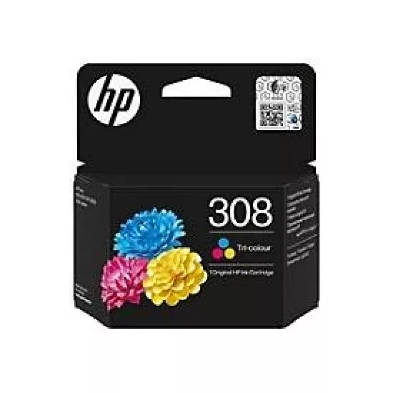 HP 308 Tri-color Original rašalo kasetė, standartinė išeiga, žydra, rausvai raudona, geltona, dažų pagrindu, 1 vnt., 120 puslapių, kombinuotas paketas