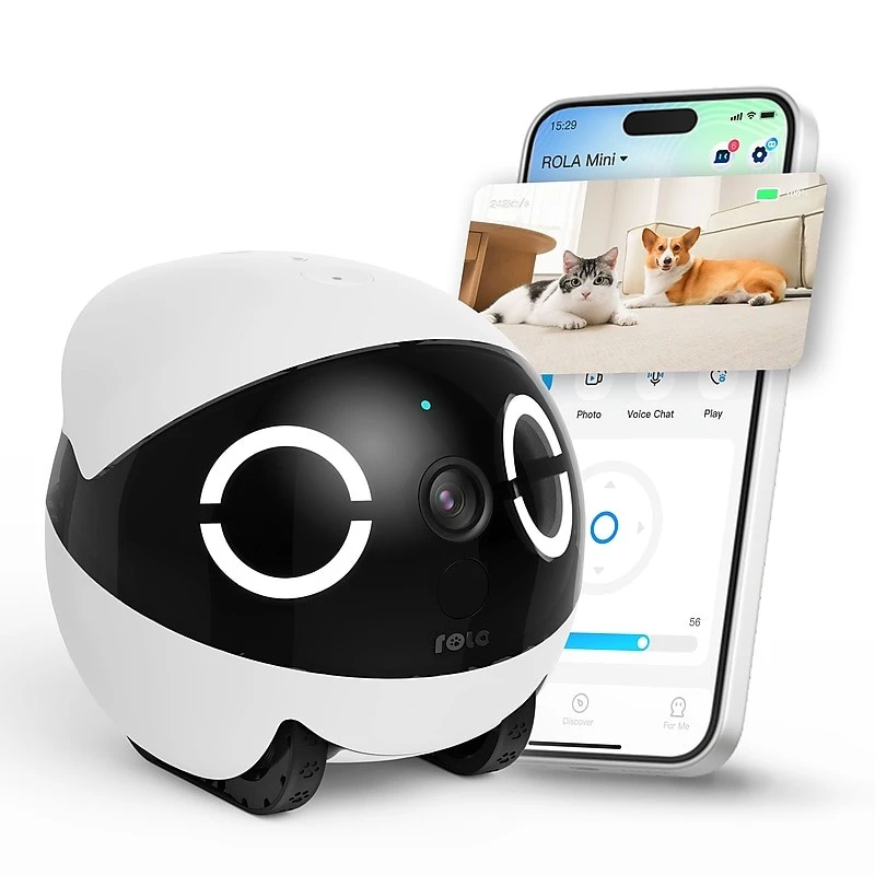 Robotinis augintinio monitorius Enabot Rola Mini – Wi‑Fi, 5000 mAh baterija, 3 MP, 137° matymo kampas, balta/juoda