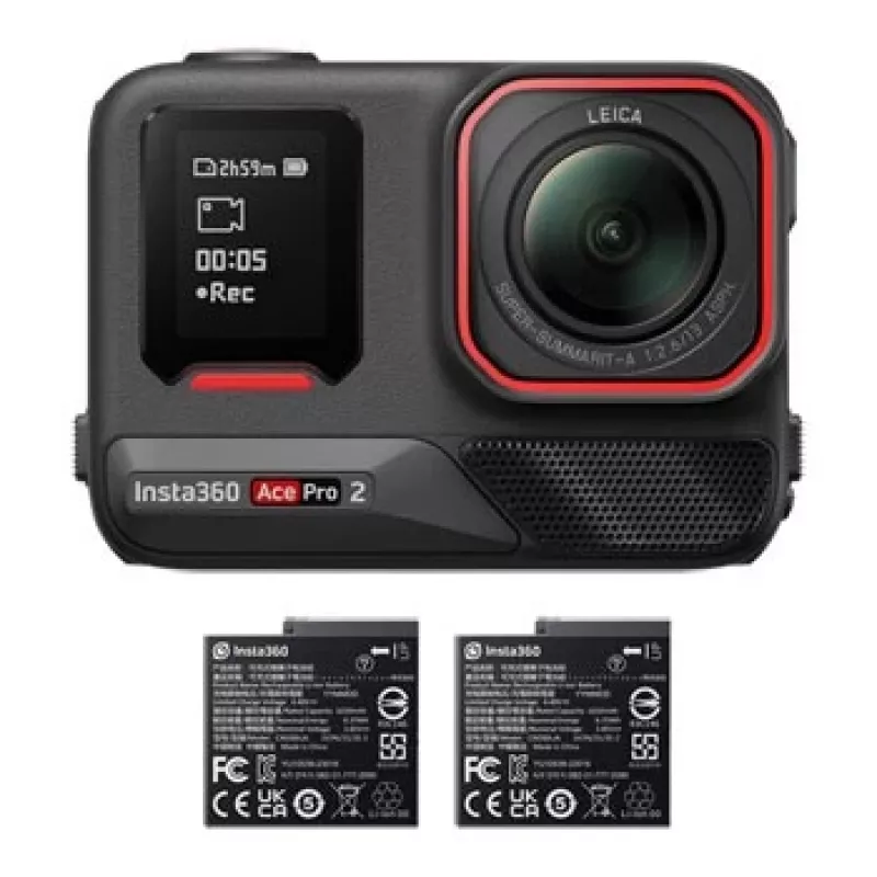 Veiksmo sporto kamera Insta360 Ace Pro 2 — 50 MP, 8K Ultra HD (7680×3272), 1/1,3 colio jutiklis, iki 240 kadrų/s, įmontuotas ekranas, Wi‑Fi, MicroSD, 177,7 g, juoda