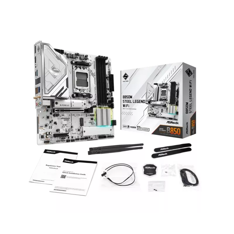 Motininė plokštė ASRock B850M Steel Legend WiFi — AMD B850, lizdas AM5, microATX, DDR5, 4 DIMM, Wi‑Fi 7, 2.5Gb LAN