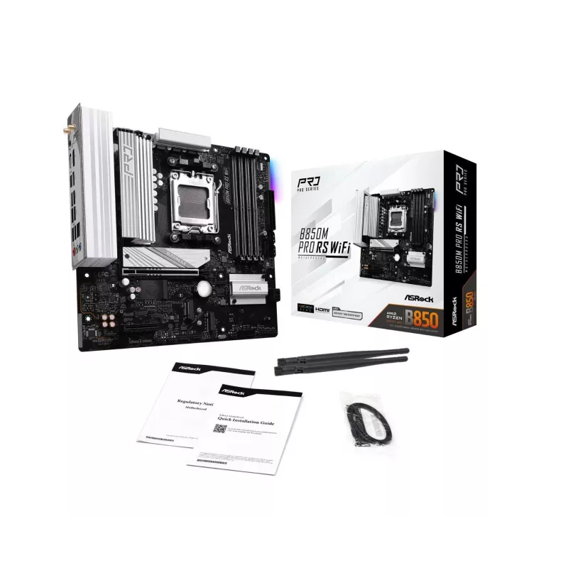 Motininė plokštė ASRock B850M Pro RS WiFi — AMD B850, Socket AM5, microATX, DDR5, 4 DIMM, 256GB, Wi‑Fi 6E, 2.5Gb LAN, 3x M.2