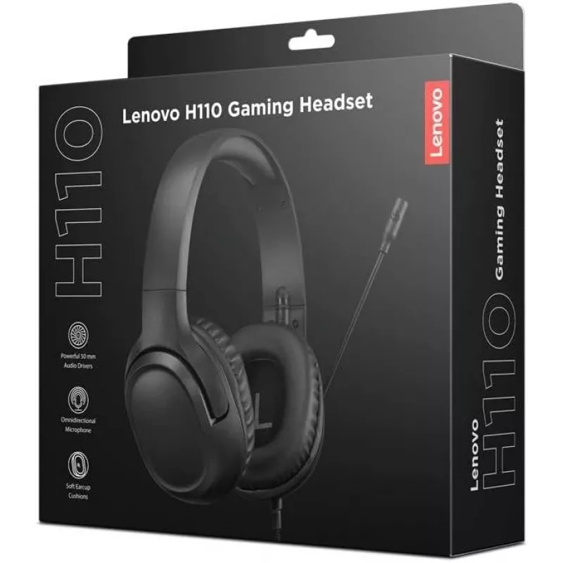 Ausinės Lenovo H110 žaidimams, laidinės, binauralinės, 3,5 mm, 1,8 m laidas, 50–20 000 Hz, 110 dB, 32 Ω, juodos