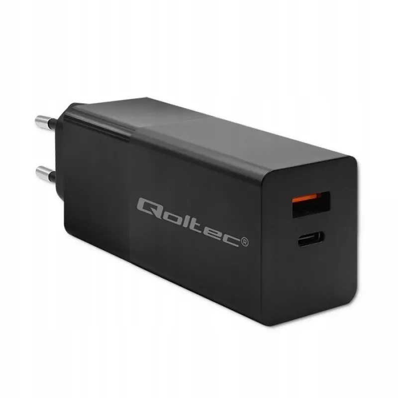 Qoltec 52382 GaN POWER PRO įkroviklis | 1x USB Type-C | 1x USB-A | 100W | 5-20V | 1.5-5A | PD | Juodas