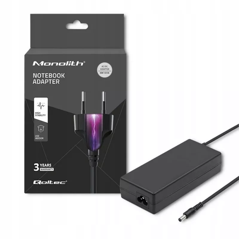 Qoltec 50797 stalinis maitinimo šaltinis 60 W, 12 V, 5 A, 5,5x2,1 mm, su maitinimo kabeliu