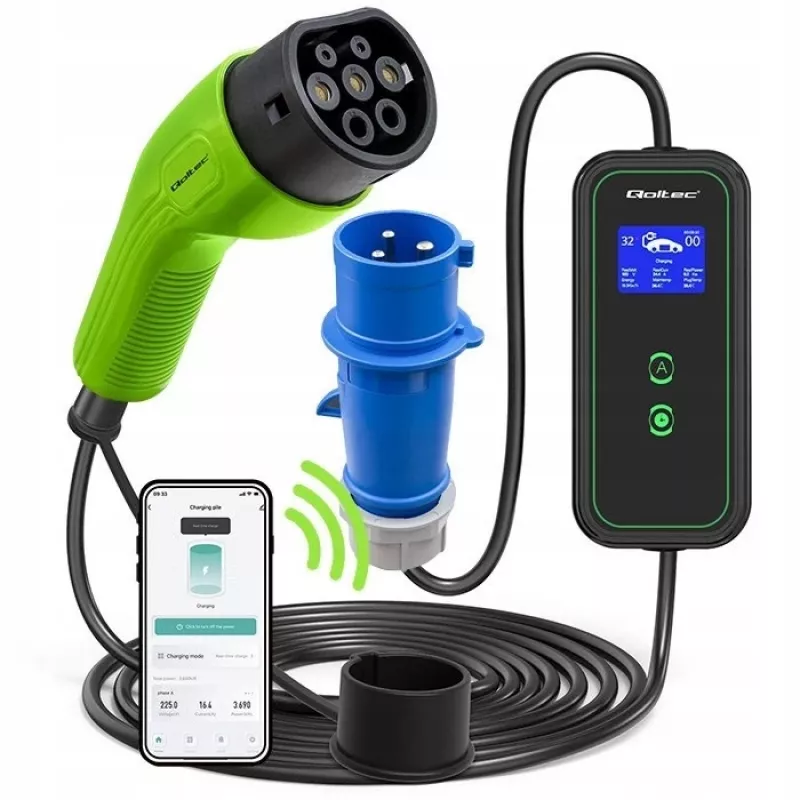 Qoltec Mobile EV automobilio įkroviklis reguliuojamas 2in1 Type2 | 7kW | 230V | CEE 3 kištukas | Wi-Fi | LCD | Nešiojamas | Wallbox | 5m