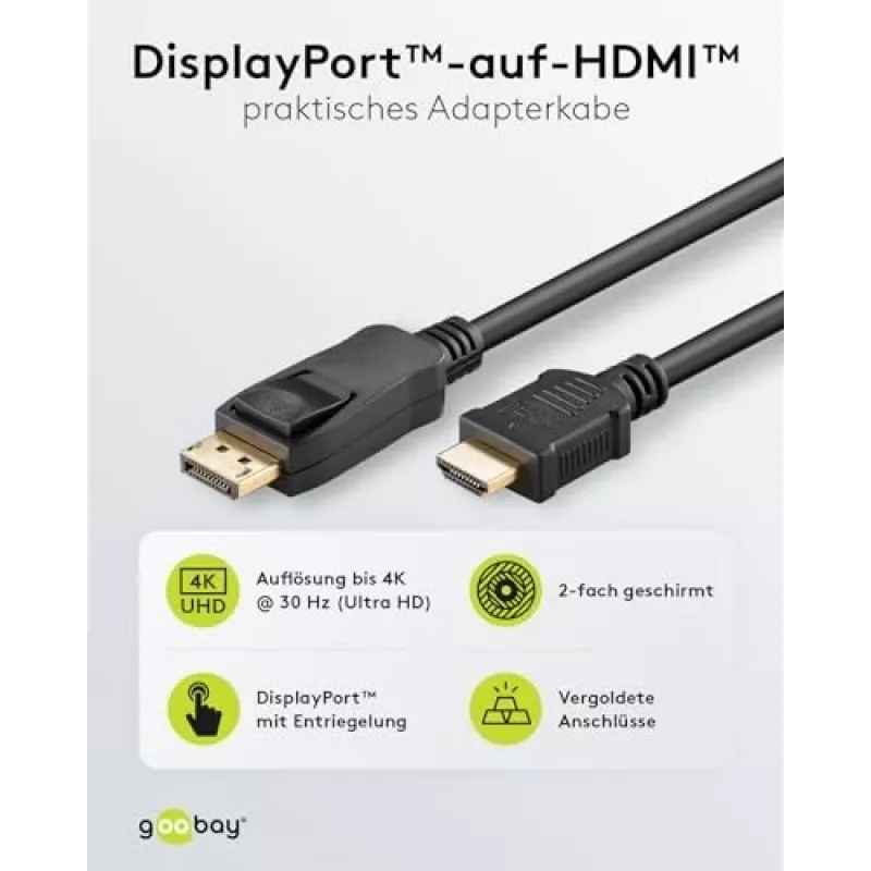 GOOBAY 64836 DisplayPort 1.2 į HDMI adapterio laidas 1.4 4K @ 30Hz / itin didelės spartos HDMI laidas / paauksuotomis jungtimis / nešiojamam kompiuteriui