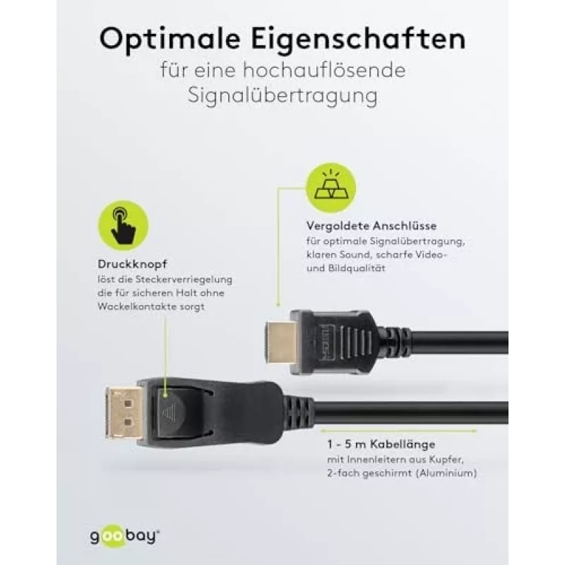 GOOBAY 64836 DisplayPort 1.2 į HDMI adapterio laidas 1.4 4K @ 30Hz / itin didelės spartos HDMI laidas / paauksuotomis jungtimis / nešiojamam kompiuteriui