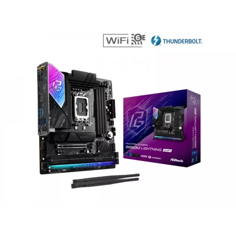 Motininė plokštė ASRock B860M Lightning WiFi – Intel B860, LGA1851, microATX, DDR5, 4 DIMM, Wi‑Fi 6E, 2.5Gb LAN, Thunderbolt 4