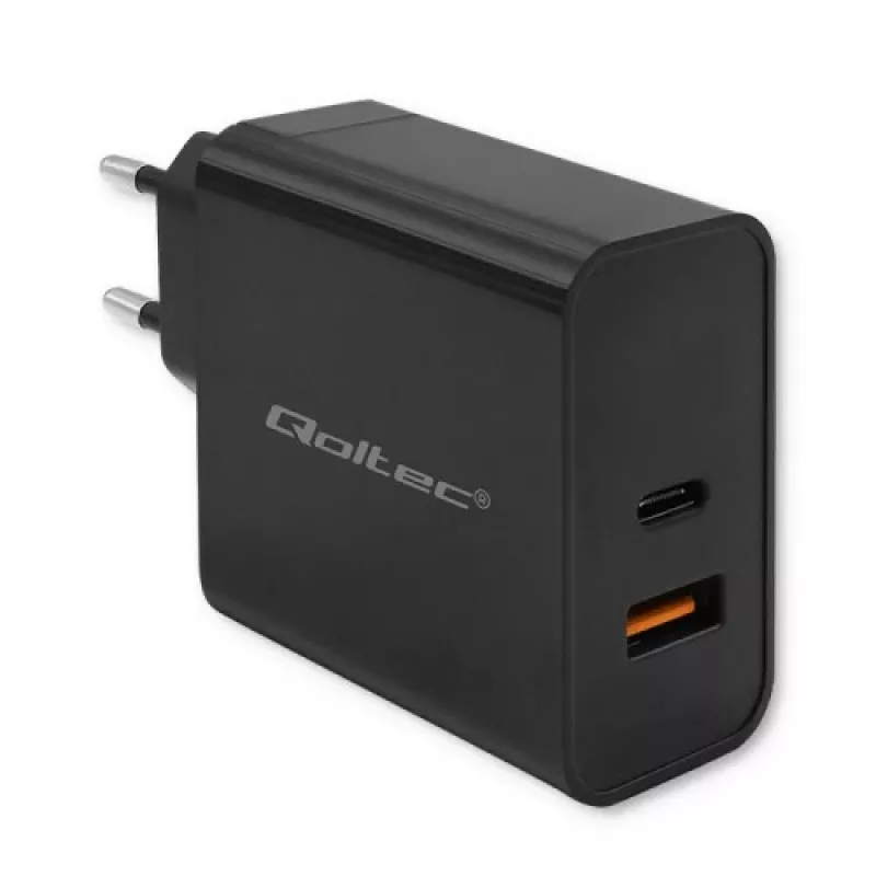 Qoltec 52380 Super Quick PD įkroviklis | 1xUSB-C | 1xUSB | 65W | 5-20V | 1,5-3,25A | Juodas