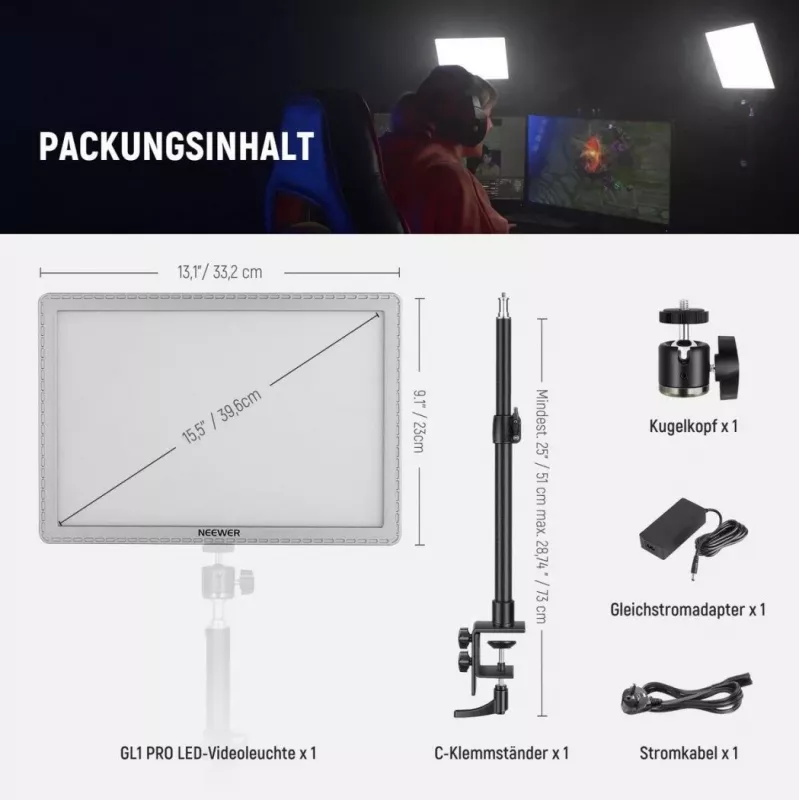LED lempa Neewer GL1 Pro 2900–7000K nešiojamas bi-spalvų studijos šviestuvas su reguliuojama spalvine temperatūra