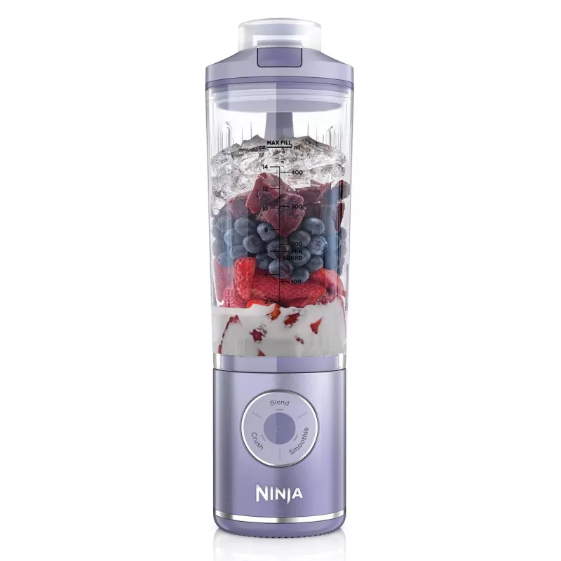 Nešiojamas blenderis Ninja BC251EULD — 0,57 L indas, baterija 11,1 V, nerūdijančio plieno peiliai, levandų/permatomas