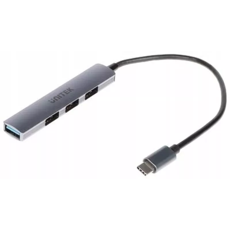 USB-C šakotuvas Unitek H1208B — 1x USB-A 5 Gbps, 3x USB-A 2.0, USB-C lizdas, aliumininis korpusas, 0,20 m kabelis