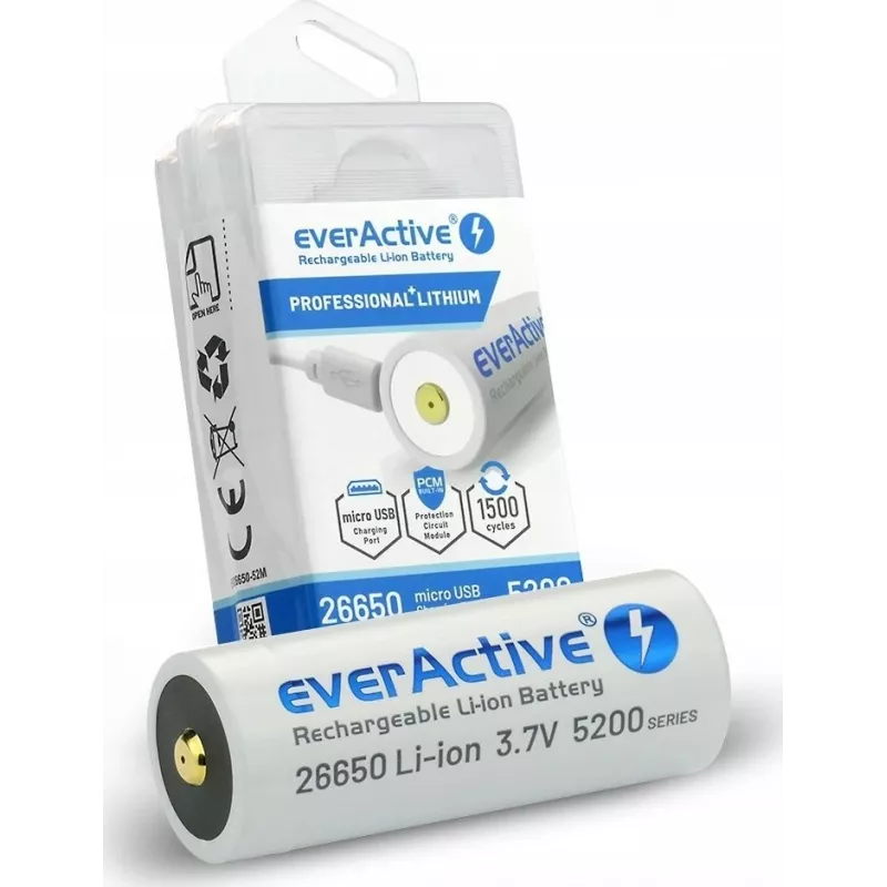 Įkraunama baterija everActive EV26650-52M 3.7V 5200mAh su Micro USB įkrovimu