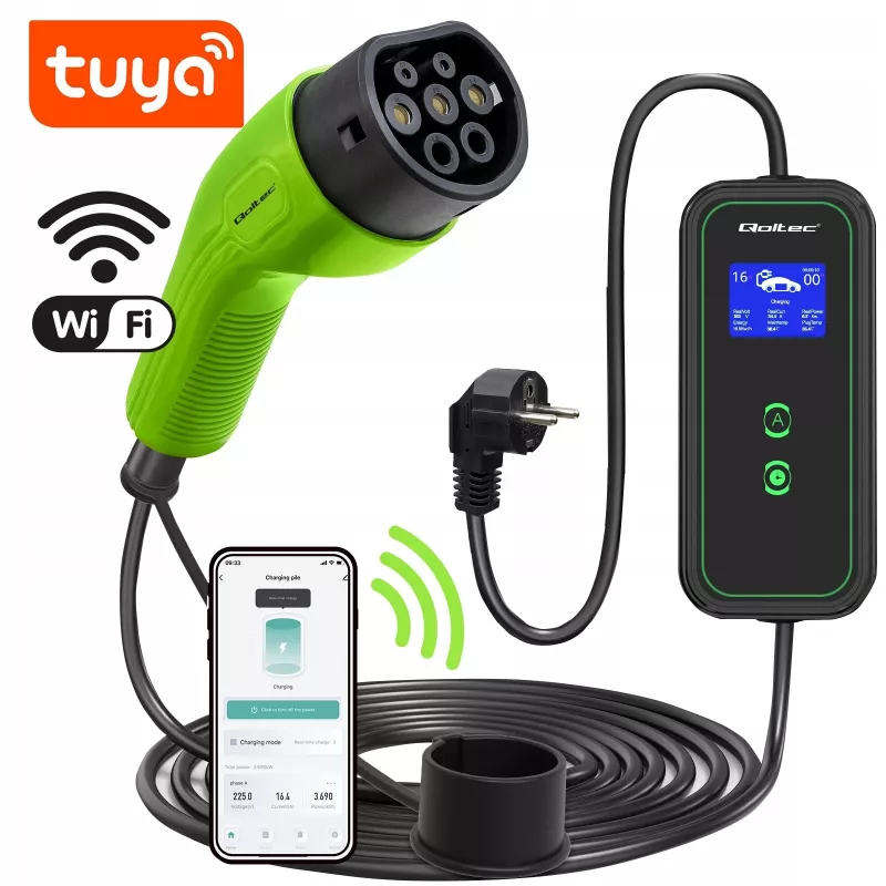 Qoltec Mobile EV Car Charger nešiojamas elektromobilio įkroviklis 2in1 Type2 | 3.5kW | 230V | Wi-Fi | LCD | 5m