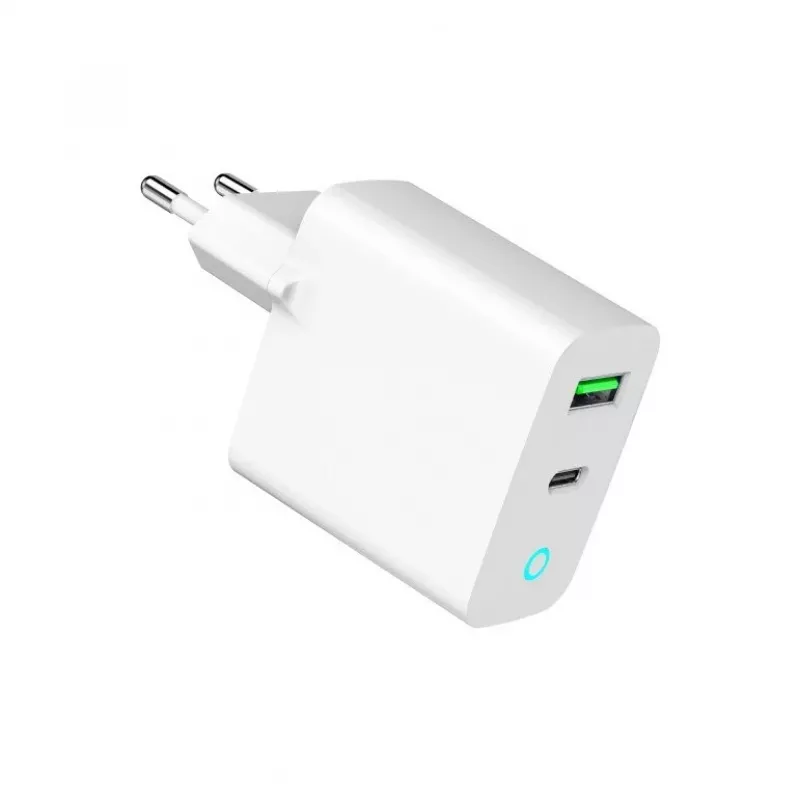 Sieninis maitinimo adapteris 220V GEMBIRD, universalus, 1× USB Type-C PD 20W, 1× USB-A 3.0 QC 18W, LED indikatorius, baltas