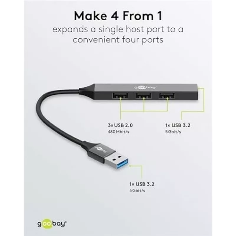 Goobay USB Hub 74456 USB-A 4 prievadai 5000 Mbit/s Šviesiai pilka