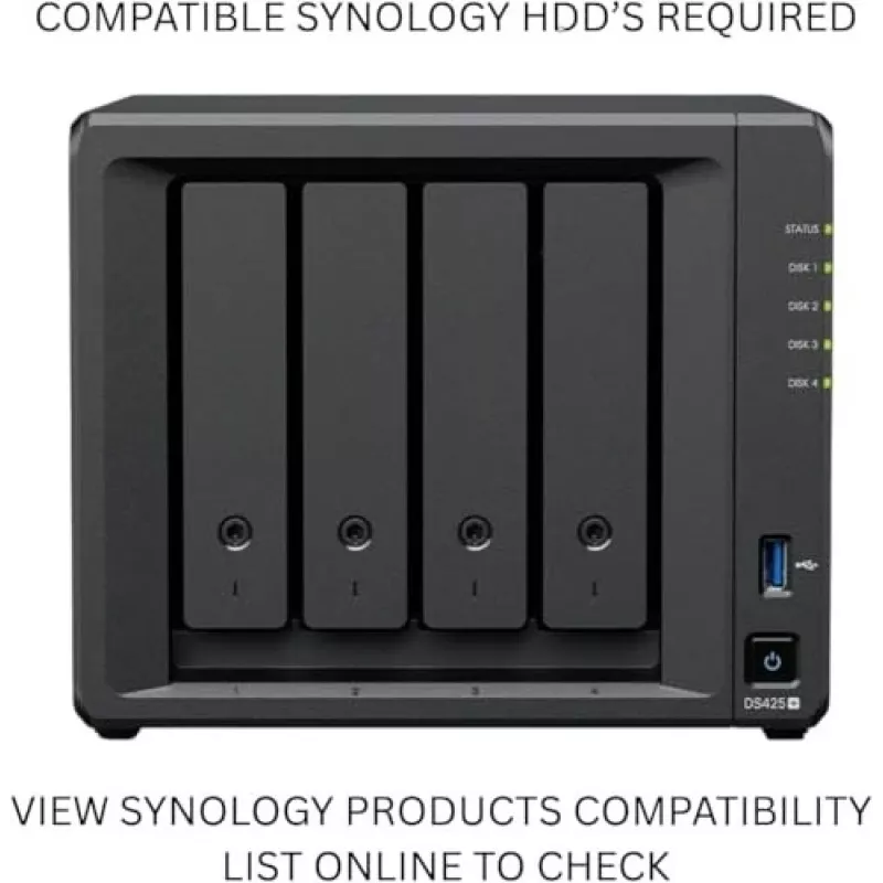 NAS saugojimo serveris SYNOLOGY DS425+ – 4 lizdai, Intel Celeron J4125 2.0–2.7 GHz, 2 GB DDR4, 0 TB, 2.5GbE, 2 M.2 lizdai