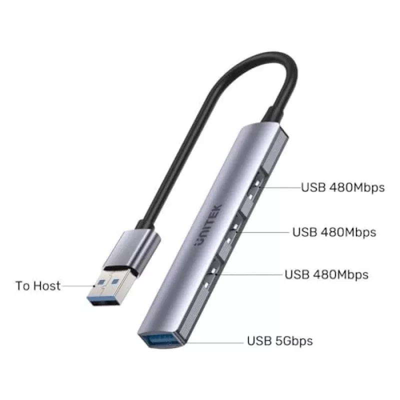 USB šakotuvas Unitek H1208A — 4 prievadai (1 × USB 3.2 Gen 1 Type-A, 3 × USB 2.0), aliumininis korpusas, pilka, 0,20 m laidas