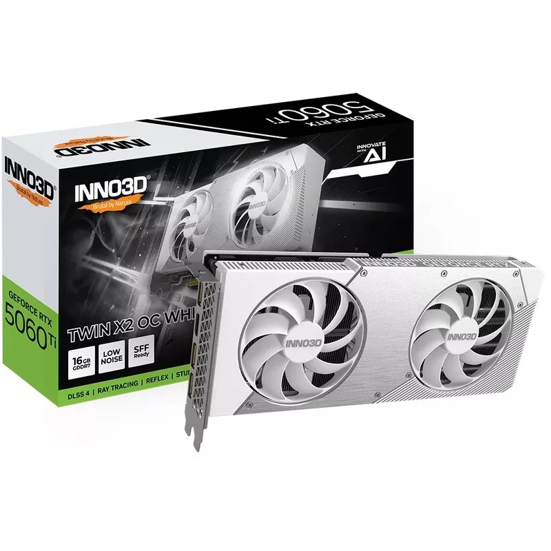 Vaizdo plokštė Inno3D GeForce RTX 5060 Ti — 16 GB GDDR7, PCIe 5.0, 448 GB/s, 250 mm, 2 lizdai, balta
