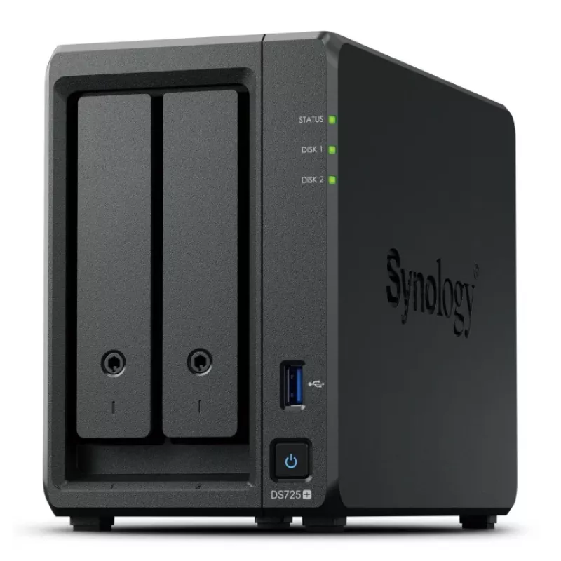 NAS Synology DiskStation DS725+ 2 lizdai Ryzen R1600 4GB DDR4 ECC, 2.5GbE, 2x M.2, RAID palaikymas, 0TB, Juoda