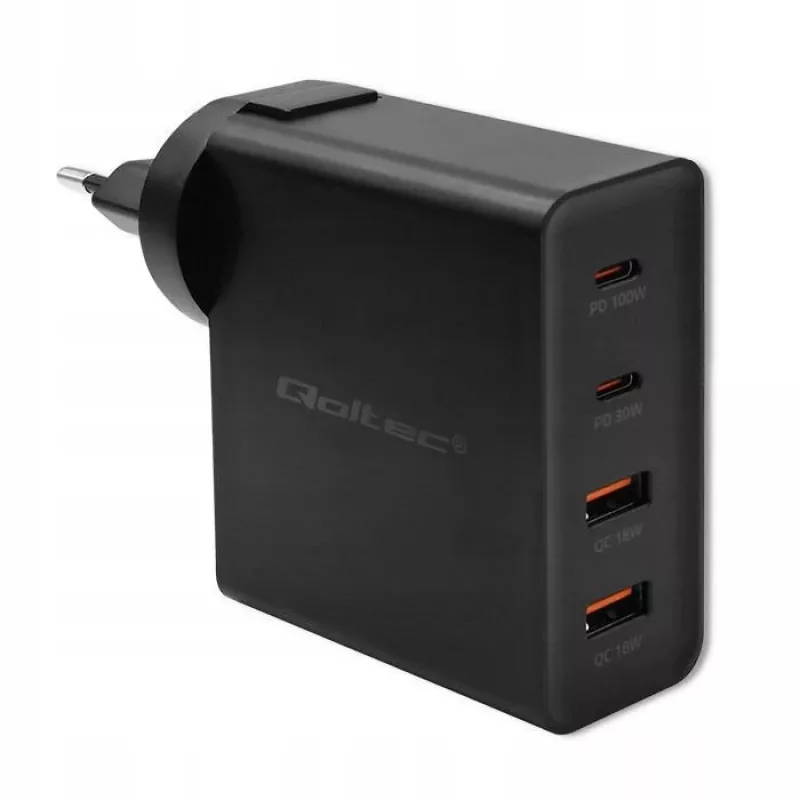 Qoltec GaN POWER PRO Įkroviklis | 2xUSB-C | 2xUSB | 130W | 5-20V | 1,5-5A | XP | Juoda