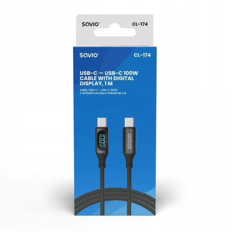 Savio CL-174 USB-C–USB-C kabelis, 100 W, Power Delivery/Quick Charge, skaitmeninis ekranas, 1 m, žalias