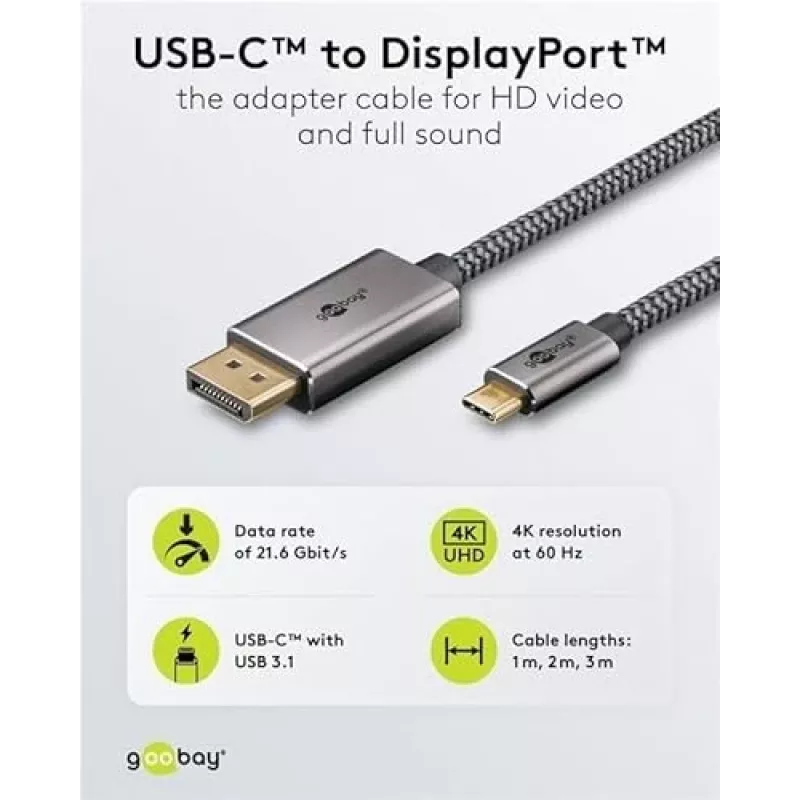 Goobay 75705 USB-C į DisplayPort kabelis, 4K 60 Hz, 2 m, 21,6 Gbit/s, juodas