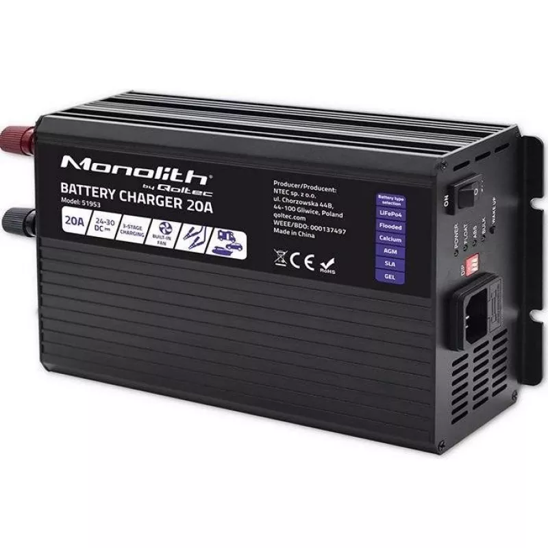 Qoltec Smart Monolith baterijų įkroviklis LiFePO4 AGM GEL SLA akumuliatoriams | 20A | 24V
